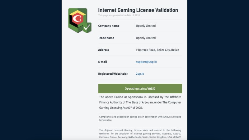 ក្រុមហ៊ុនភ្នាល់ 2UP ត្រូវបានបញ្ជាក់ថាស្របច្បាប់